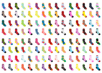 Socks big set icons. Socks collection, flat design. Socks isolated on white background. Warm woolen socks with cute patterns. Winter socks. Vector illustration