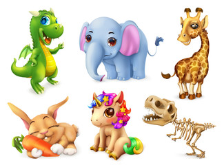 Funny animal set. Happy bunny, rabbit, cute unicorn, small dragon, baby elephant, giraffe, dinosaur. 3d vector icon