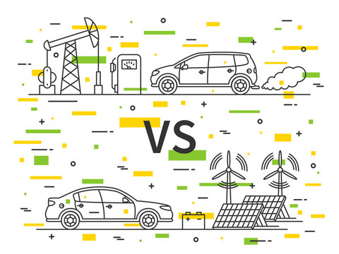 Fuel (gas) Car VS Electric Car Vector Concept With Decorative Colorful Elements.
