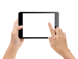 close-up hand using tablet isolated on white clipping path insid