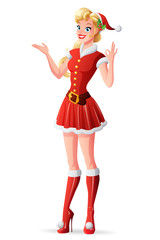 Vector woman in red Christmas Santa outfit showing OK sign.