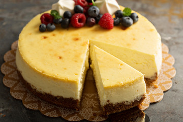 New York cheesecake on a cake stand