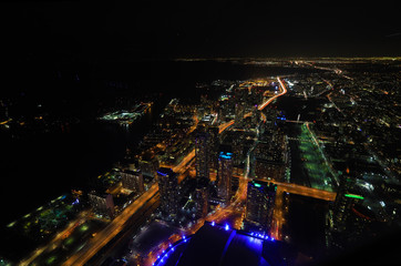 Aerial of Toronto Lakeshore at night