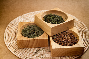 Assortment of dry tea in wooden crate