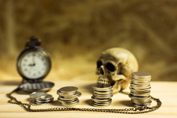 Staircase of money, Thai coins of one bath on wood and element a