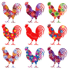 Obraz premium Set of nine colourful Roosters