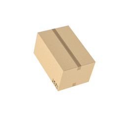 Rendering of closed light beige cardboard mail box taped with duct tape, isolated on the white background.