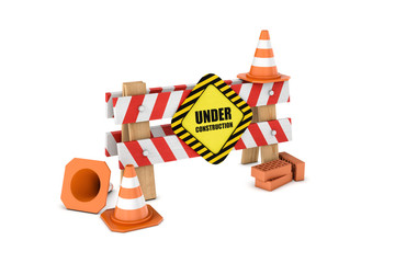 Rendering of wooden barrier with under construction sign and some traffic cones lying around.