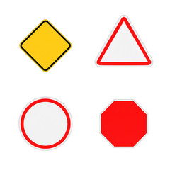 Rendering of four close-up blank road signs isolated on white background.