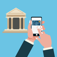 Smartphone and bank icon. Shopping commerce market buy and payment theme. Colorful design. Vector illustration