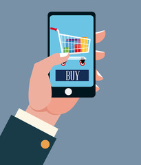 Smartphone cart and bags icon. Shopping commerce market buy and payment theme. Colorful design. Vector illustration