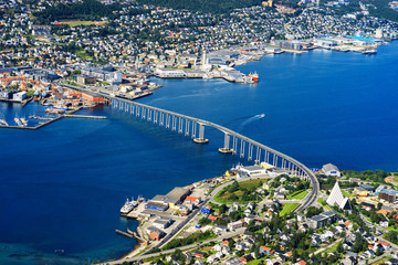 Fototapeta premium Tromso bridge from high altitude mountain background