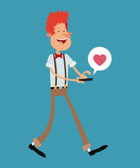 Cartoon boy with smartphone icon. Mobile lifestyle technology and communication theme. Colorful design. Vector illustration