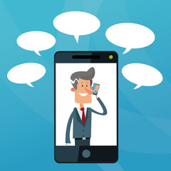 Cartoon man with smartphone icon. Mobile lifestyle technology and communication theme. Colorful design. Vector illustration