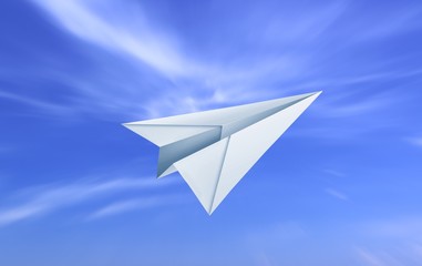Paper plane and cloudy blue sky