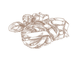 Raw noodles nest with fresh green basil