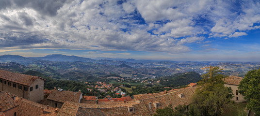 Panoramic view from Monte Titano in the state of San Marino in Italy