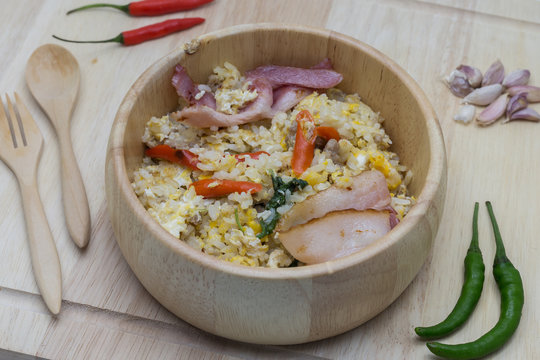 Bacon Fried Rice on wooden bowl