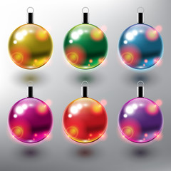 Set of 6 color Christmas balls. Design elements for holiday cards. Glossy and isolated with realistic light and shadow on the light panel. Vector illustration. Eps 10.