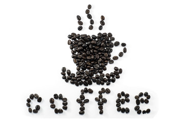 Cup shape of roasted coffee beans isolated on white background.