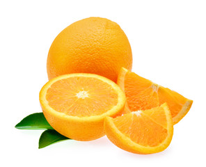 fresh orange fruit with leaf isolated on white background