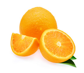 Naklejka na ściany i meble fresh orange fruit and leaf with drops of water isolated on whit