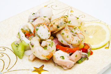 seafood salad on decorated dish