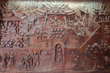 Carving Pictures on wood of Wat Phra That Suthon Mongkol Khiri Temple in Phrae, Thailand
