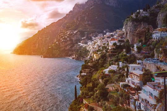 beautiful scenic of positano town mediterranean coast line south