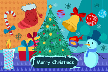 Snowman and gift box with pine tree for Christmas Holiday celebration