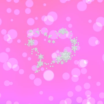Dreamy pink bubbles or flare digitally rendered pattern with heart composed of decorative filigree silver white snowflakes
