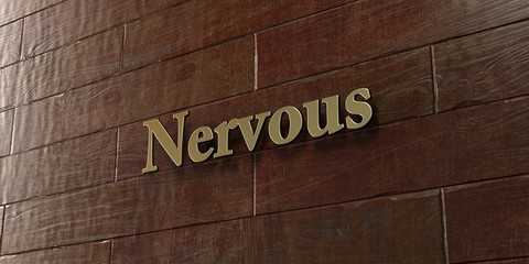 Nervous - Bronze plaque mounted on maple wood wall  - 3D rendered royalty free stock picture. This image can be used for an online website banner ad or a print postcard.