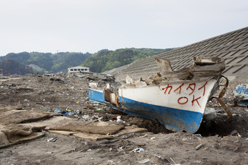 After earthquake and tsunami ,destroyed town on the Pacific	