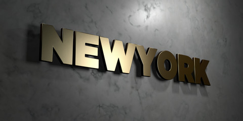 Newyork - Gold sign mounted on glossy marble wall  - 3D rendered royalty free stock illustration. This image can be used for an online website banner ad or a print postcard.