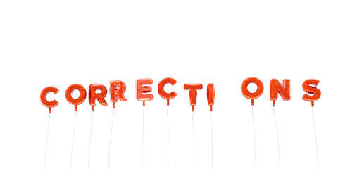 CORRECTIONS - word made from red foil balloons - 3D rendered.  Can be used for an online banner ad or a print postcard.