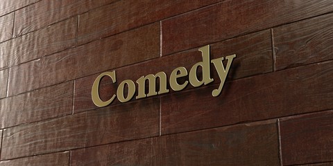 Comedy - Bronze plaque mounted on maple wood wall  - 3D rendered royalty free stock picture. This image can be used for an online website banner ad or a print postcard.