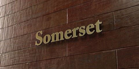 Somerset - Bronze plaque mounted on maple wood wall  - 3D rendered royalty free stock picture. This image can be used for an online website banner ad or a print postcard.