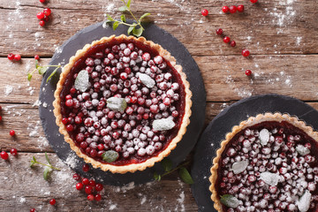 Freshly baked cranberry tart with powdered sugar and mint close-up. horizontal top view