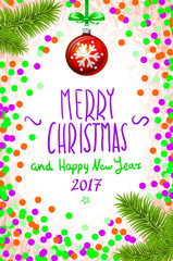 Fototapeta na wymiar Merry Christmas and Happy New Year 2017 greeting card, vector illustration. confetti on the table, a hand-written inscription 