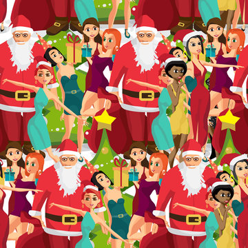 Seamless textile pattern party with girls and Santa Claus