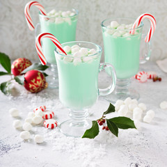 Green peppermint hot chocolate with marshmallows