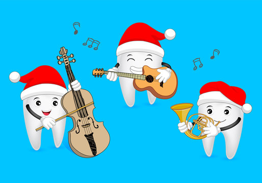 Set of teeth character wearing Santa hat,  playing music. Cello, guitar and French Horn. Vector illustration isolated on blue background.