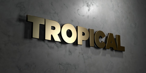 Tropical - Gold sign mounted on glossy marble wall  - 3D rendered royalty free stock illustration. This image can be used for an online website banner ad or a print postcard.