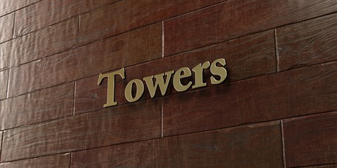 Towers - Bronze plaque mounted on maple wood wall  - 3D rendered royalty free stock picture. This image can be used for an online website banner ad or a print postcard.