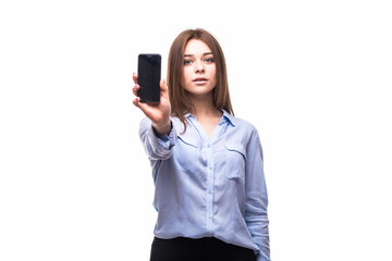 Girl with phone on white