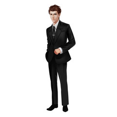 Obraz na płótnie Canvas Handsome Young Man in Black Suit. Video Game's Digital CG Artwork, Concept Illustration, Realistic Cartoon Style Background and Character Design 