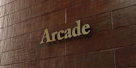 Arcade - Bronze plaque mounted on maple wood wall  - 3D rendered royalty free stock picture. This image can be used for an online website banner ad or a print postcard.