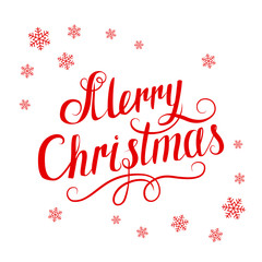 Red inscription Merry Christmas and snowflakes on white backgrou