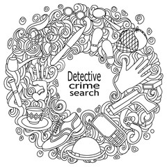 Cartoon cute doodles hand drawn Detective and criminal vector illustration. Sketch detailed, with lots of objects background.