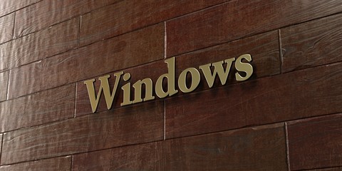 Windows - Bronze plaque mounted on maple wood wall  - 3D rendered royalty free stock picture. This image can be used for an online website banner ad or a print postcard.